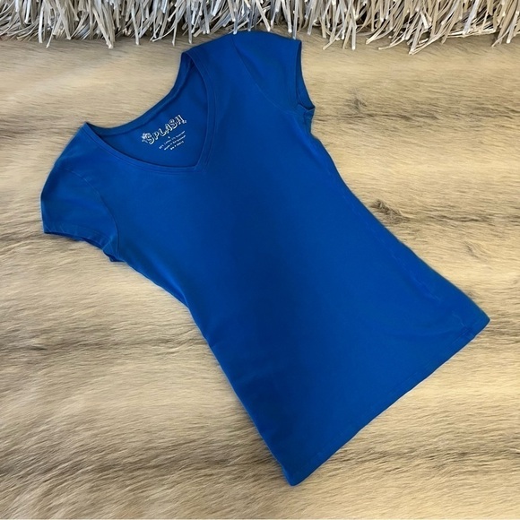 Vintage Y2K SPLASH Royal Blue V-Neck Short Sleeve Fitted T-Shirt S Stretch - Picture 1 of 7